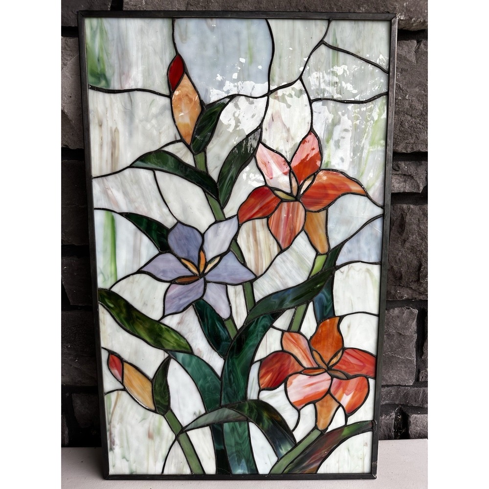 Vtg Stained Glass Window Panel Art Nouveau Style Lilly Blooming Lillies 13x21